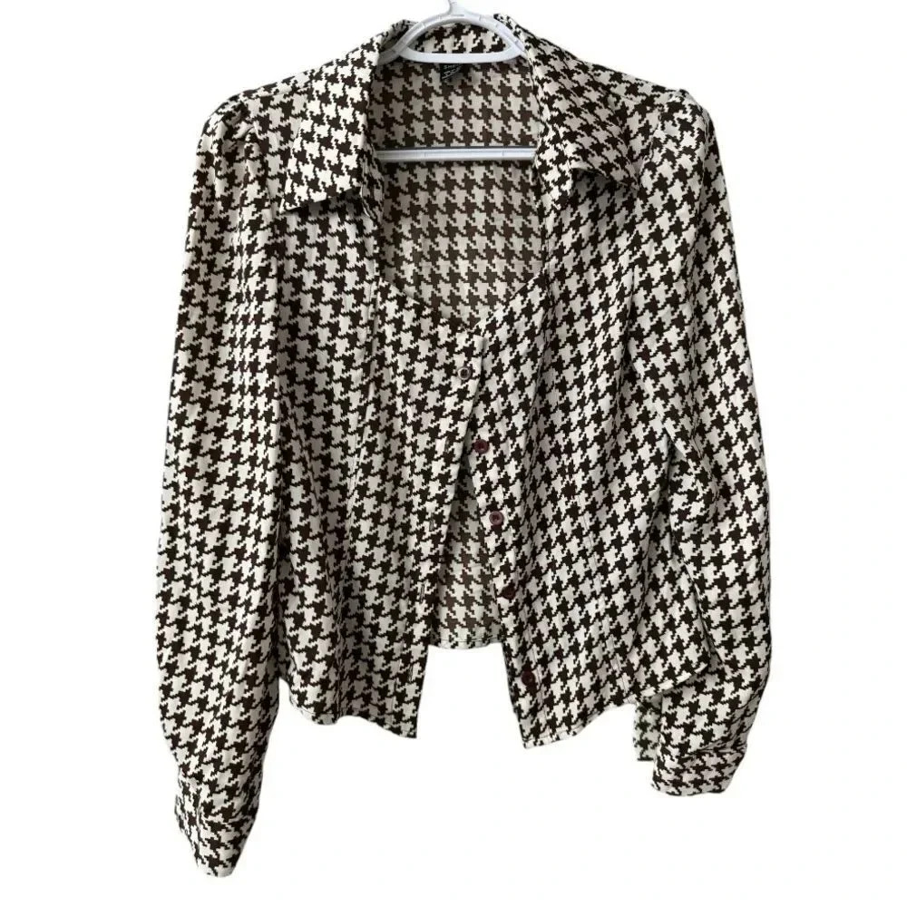 Houndstooth Brown and White Long-sleeve Button Up Collared Blouse Size Small‎ 4